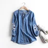 Ethnic Flower Embroidered Denim Shirts and Blouses for Women Spring Vintage V Neck Hippie Denim Tops Jean Shirts