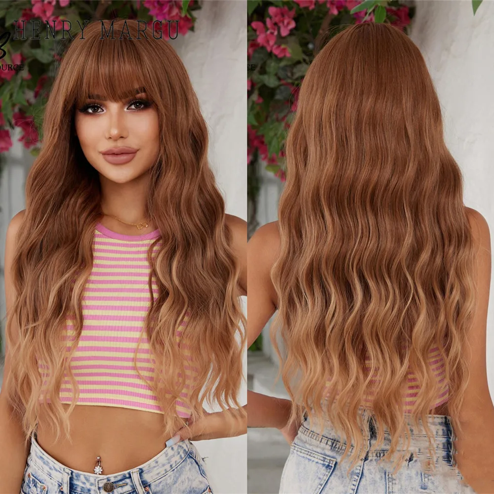 

HENRY MARGU Auburn Brown Loose Wavy Wigs with Bangs for Women Long Ginger Ombre Synthetic Wig Heat Resistant Fiber Daily Natural