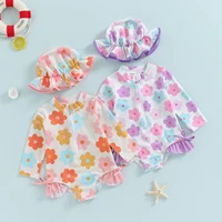 Summer Toddler Baby Girl Rash Guard Swimsuits Infant Floral Beachwear Zipper Swimwear + Sun Hat Set Kids Bathing Suits Biquini 1