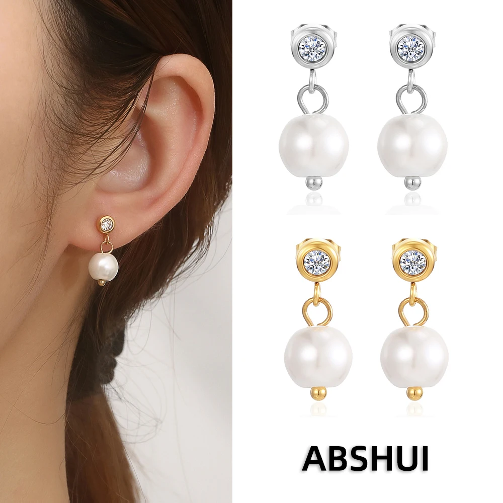 

Stainless Steel Dangle Pearl Earrings for Women 2023 Trending Luxury Zircon Piercing Stud Eearring Sets Pack Jewelly for Wedding