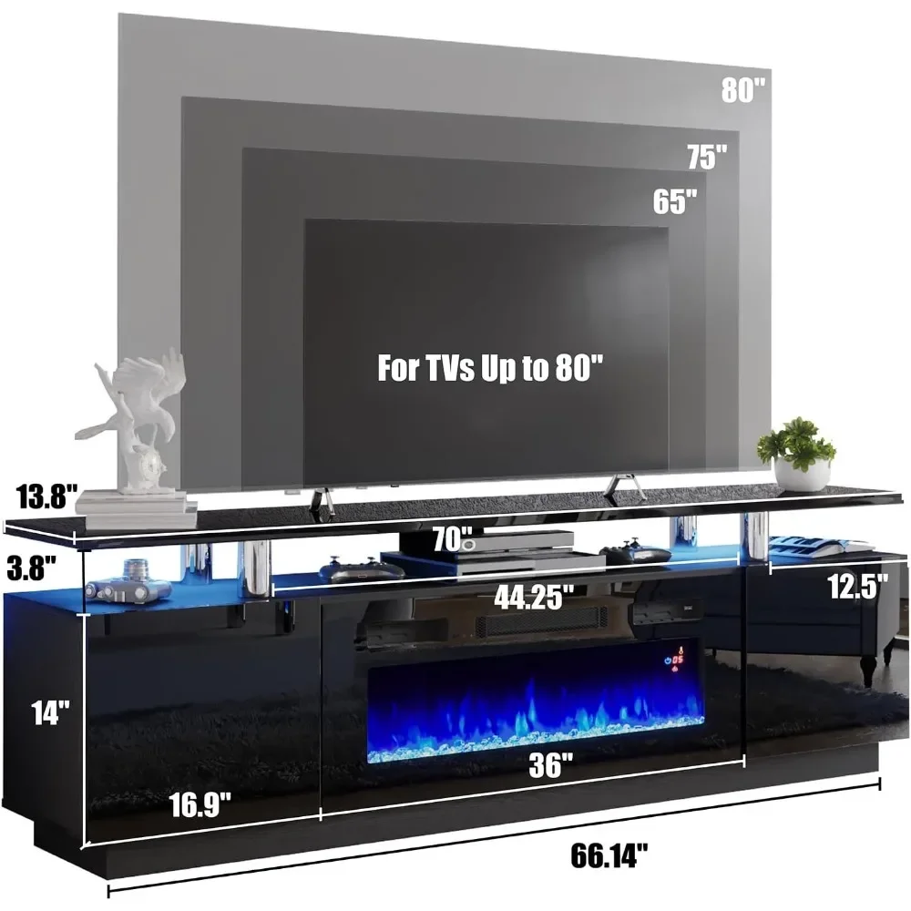 Fireplace TV Stand with 36" Fireplace, 70" Modern High Gloss Fireplace Center LED Lights, for TVs Up to 80" 6