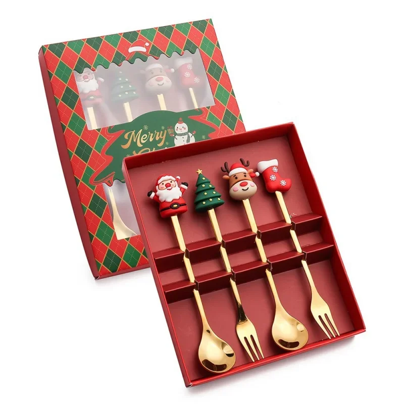 1/2/4/6pcs fancy christmas cartoon Doll gift sets stainless steel christmas tableware coffee spoon and fork set with gift box