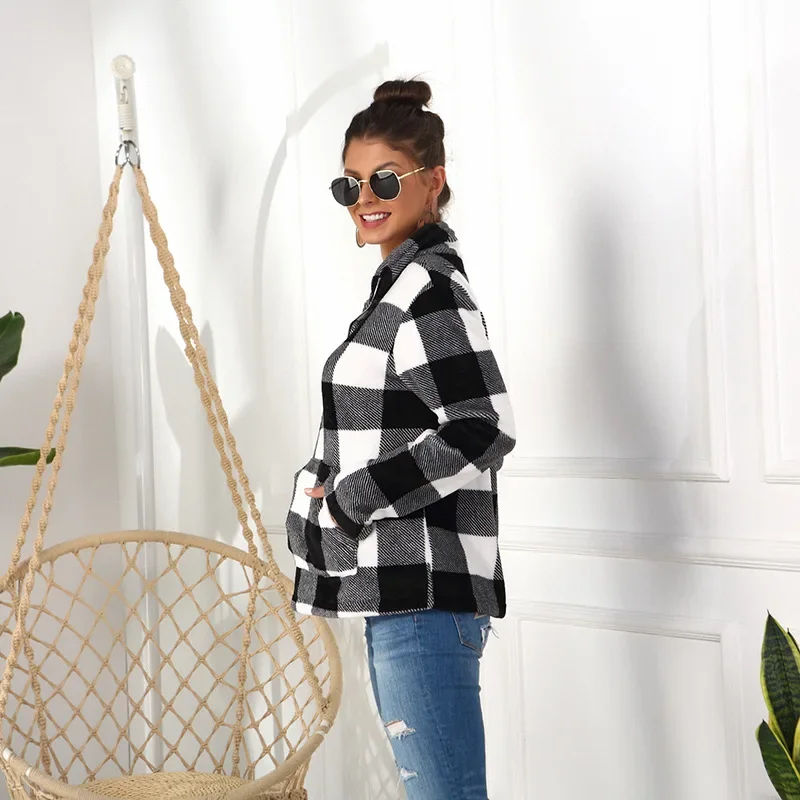 Big Checkerboard Pullover Sweatshirts Women Lapel Half Zip Up Loose Casual Pullovers with Big Pocket Long Sleeve Autumn Clothing