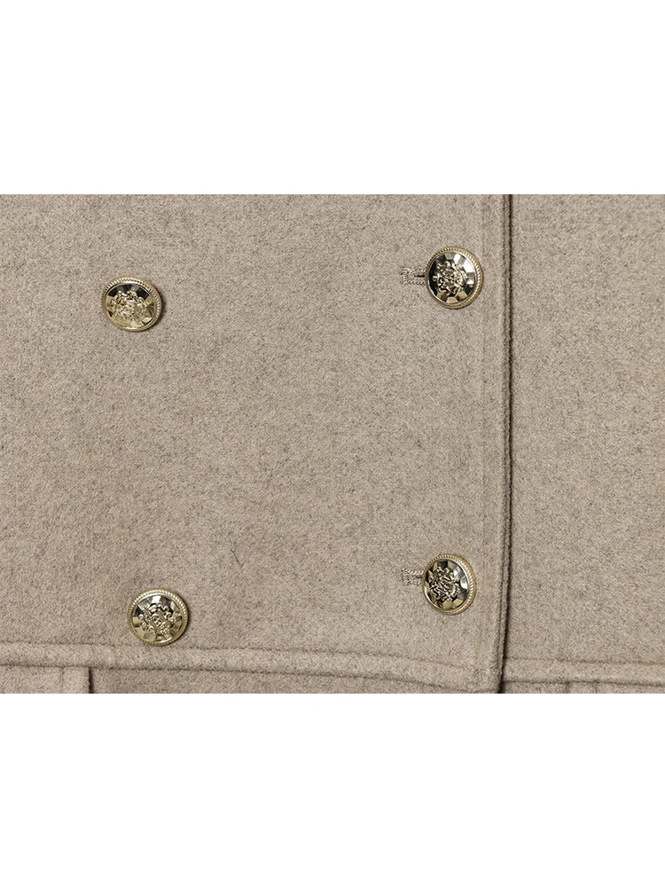 Women's Double Breasted Woolen Coat 2025 Winter Solid Color Turn Down Collar Pocket Commuter Jacket Elegant Slim Fashion