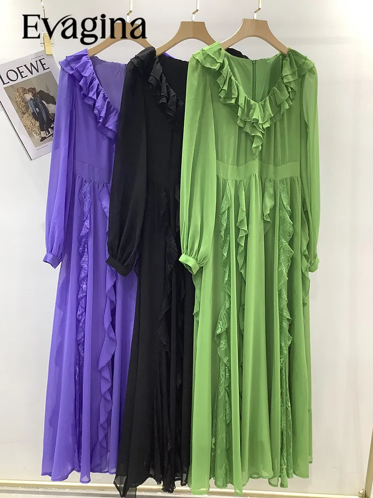 

Evagina Spring/Summer Polyester Vintage Elegant Casual Solid Color Ruffled V-Neck Lantern Sleeve Slim Long Dress