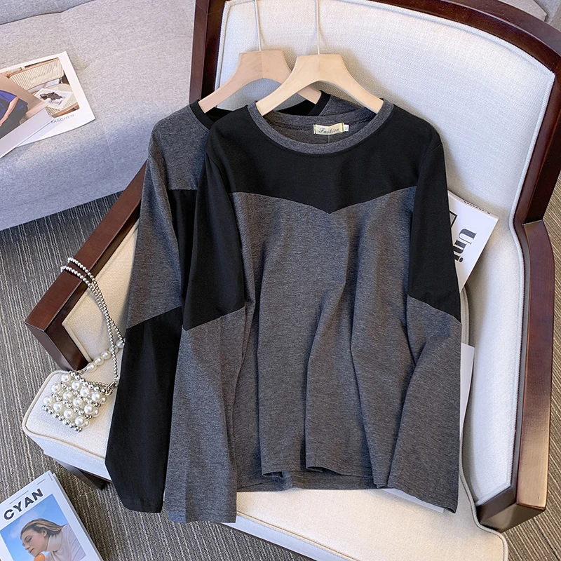 

Women's Thin O-Neck Pullovers Contrast Color Patchwork Casual All-Matched Tops Spring Autumn T-Shirt for 18-24 Years Old