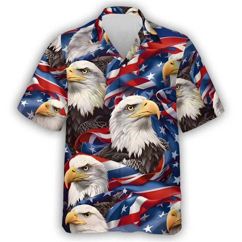 thumbnail image 1 of Camisa hawaiana con estampado 3D de águila y ganado para hombre, diseño gratuito de soldado con bandera de EE. UU., camisas hawaianas con solapa informal, blusa de manga corta, 1 of 4