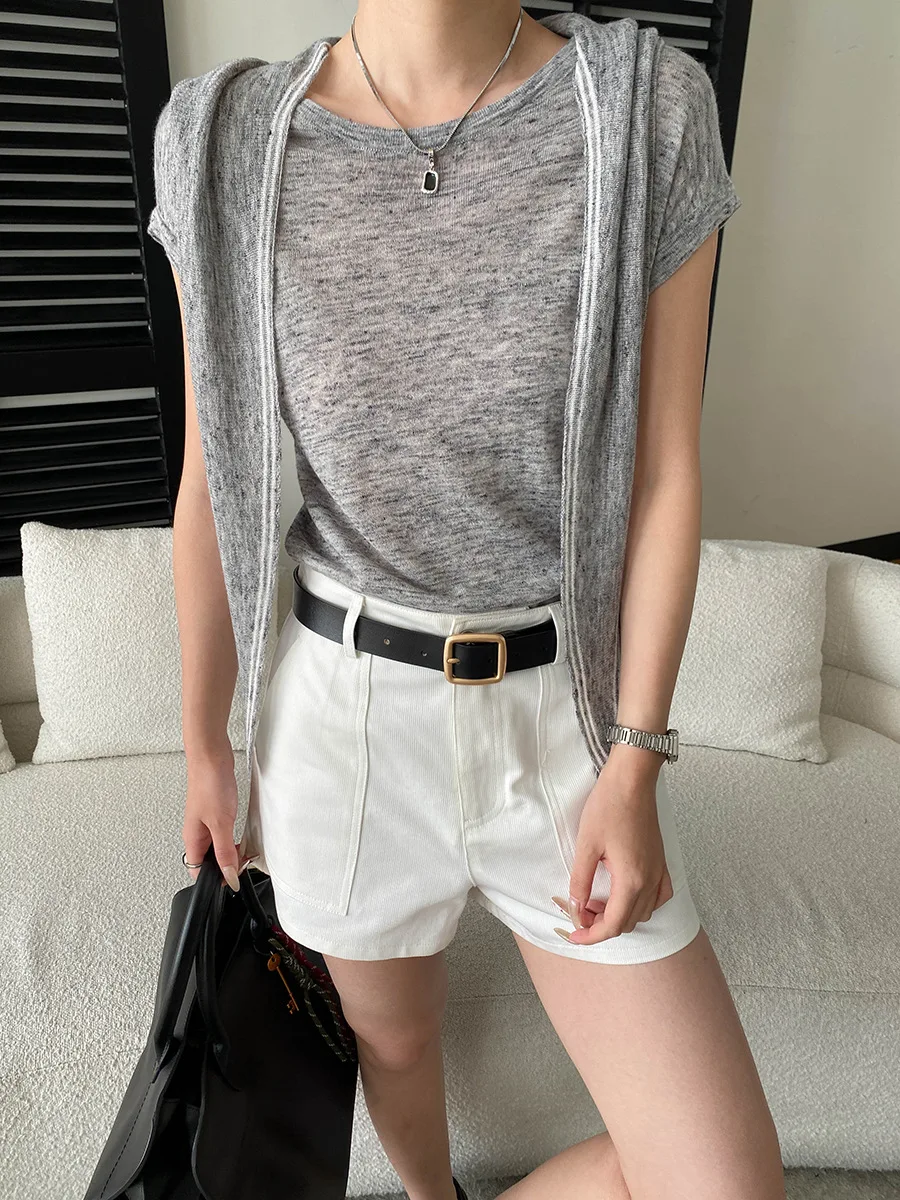 Frühlings- und Sommer-Damen-Shorts in Unifarben mit hoher Taille, weitem Bein und großen Taschen im Workwear-Stil. – Detail 27