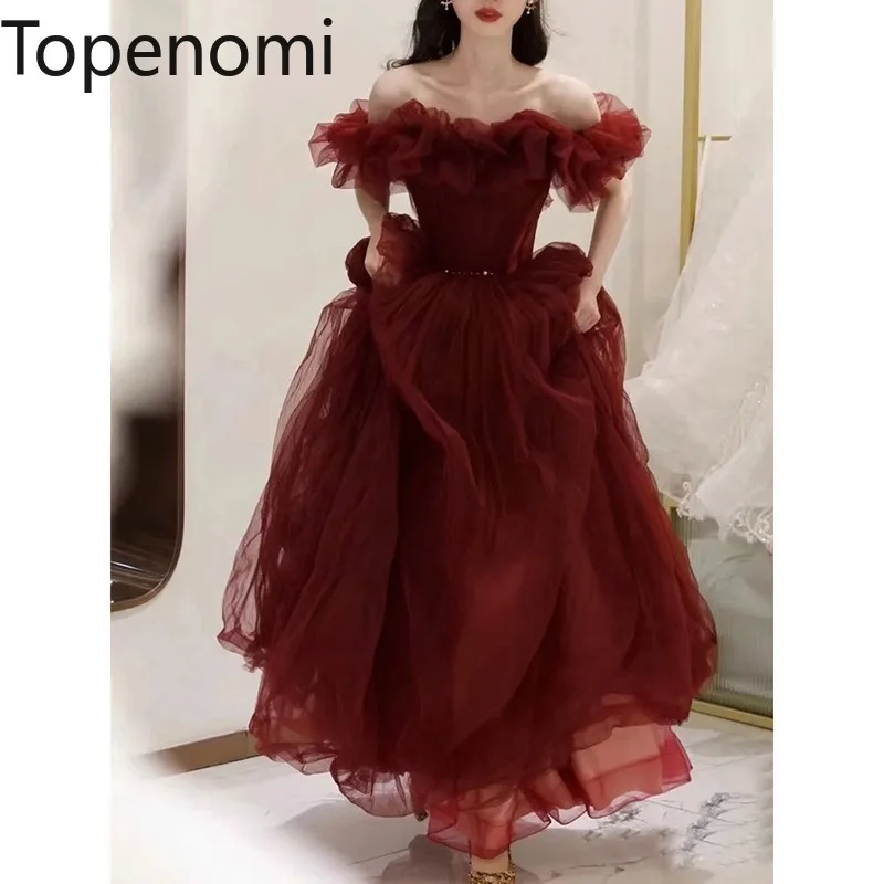 

Topenomi Red Mesh Princess Evening Dress Women 2024 New Elegant One Shoulder Waist Quinceanera Party Dresses Prom Bride Gowns