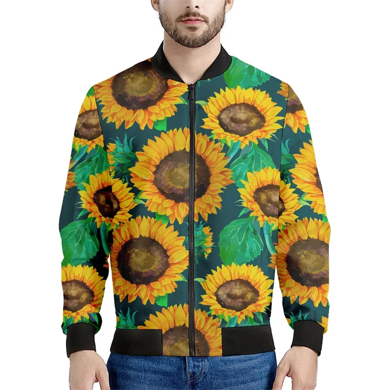 thumbnail image 1 of Chaqueta con cremallera y estampado 3D de girasoles para hombre, sudaderas con capucha y estampado floral de plantas, abrigos de gran tamaño de manga larga para la calle, 1 of 4