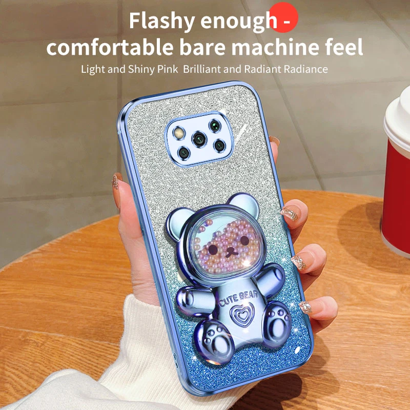 pokox3 x5 Quicksand Bear Glitter Holder Phone Case On For Xiaomi Mi Poco X5 GT NFC X3 M4 M3 M2 Pro Stand Cover F4 F5 F2_voghion.com