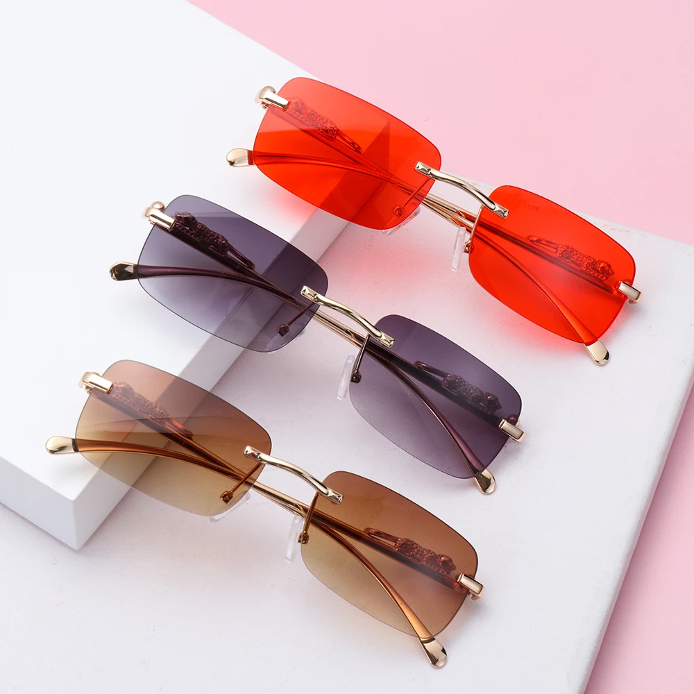 

Fashion Rimless Rectangle EyewearSunglasses for Women Men Retro Cheetah Decoration Clear Ocean Lens Sun Glasses Shades UV400