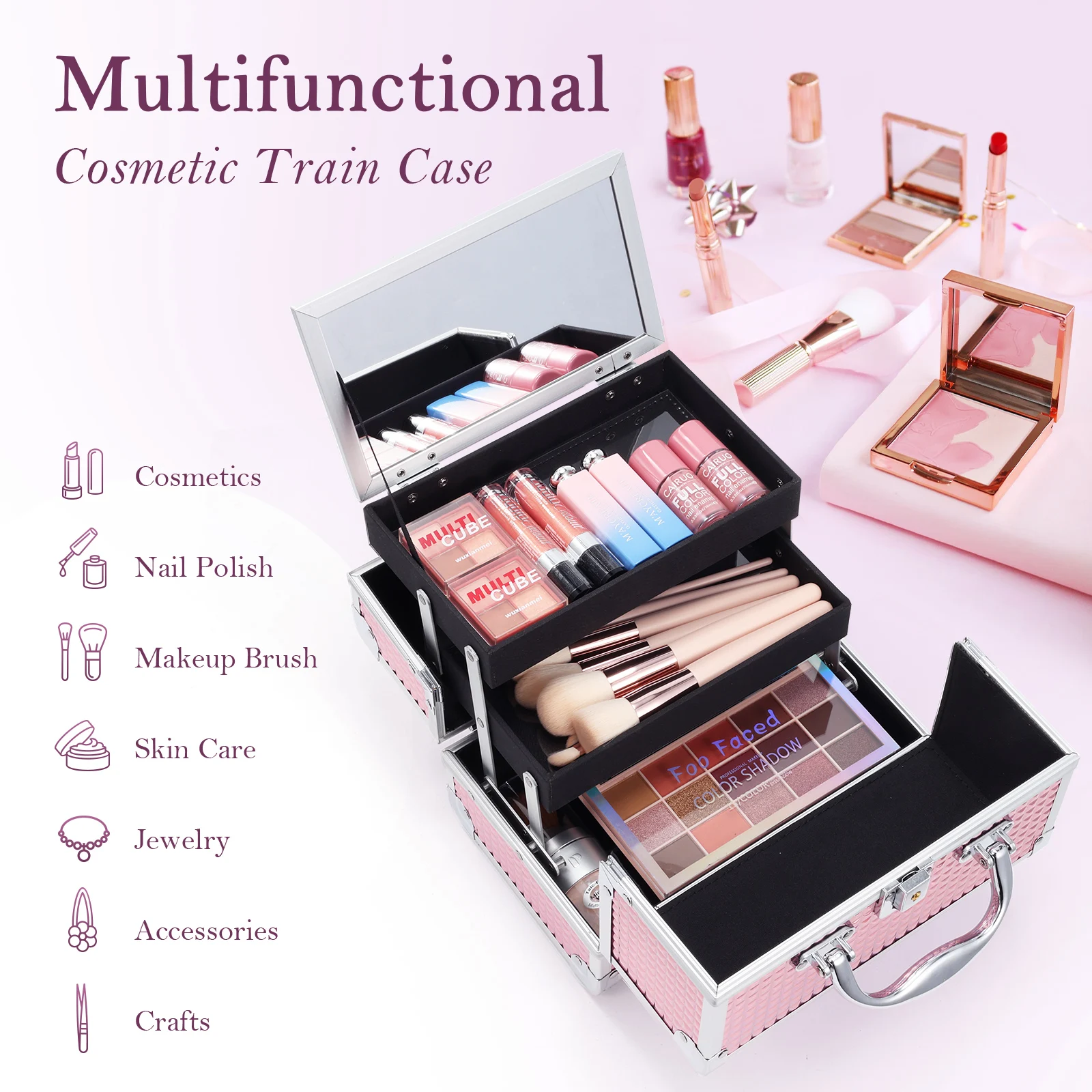 Estuche de maquillaje cosmético profesional con 4 bandejas