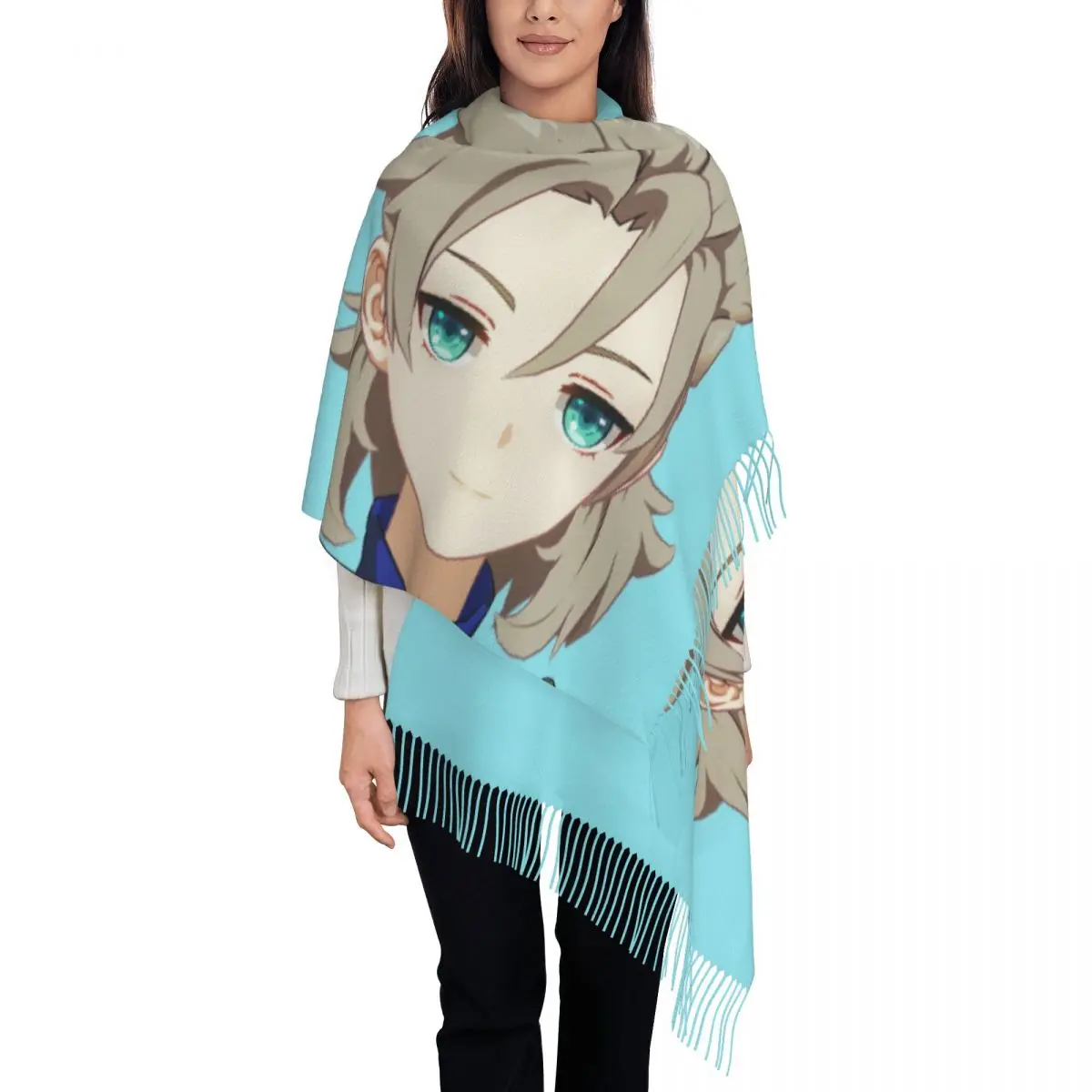 

Smug Albedo Plaid Genshin Impact Tassel Scarf Women Soft Anime Shawls Wraps Lady Winter Fall Scarves
