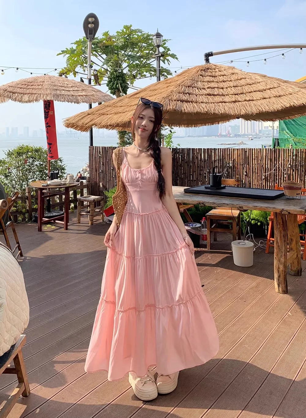 French Elegant Dresses for Women Solid Spaghetti Strap Summer New Ruffles A-line Casual Korean Chic Midi Vestidos Mujer
