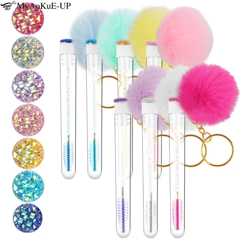 10pcs Tube Eyelash Makeup Brush Eyebrow Comb Gold Keychain Fur Ball Decorate Eyelashes Spoolie Brushes Lash Extension Microbrush