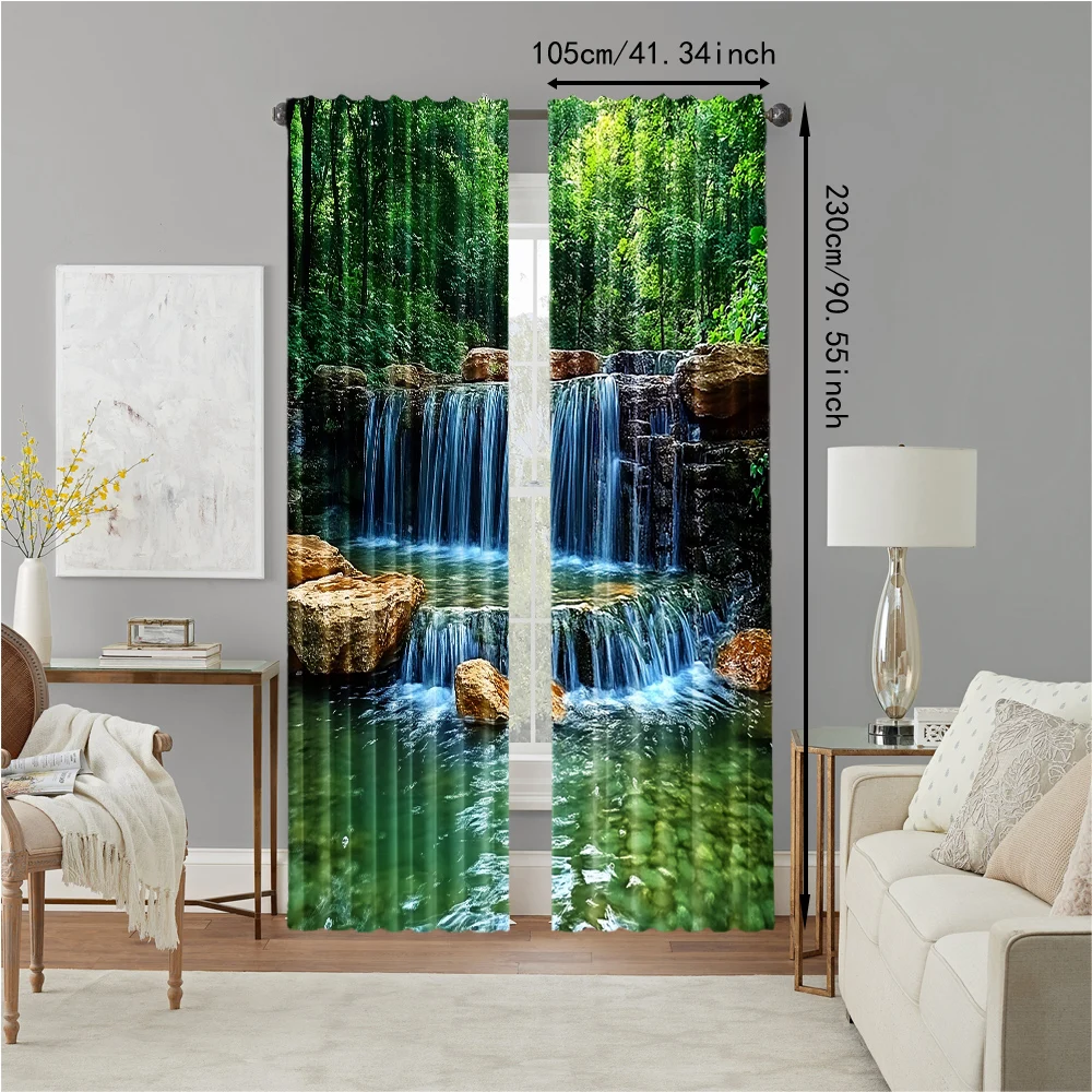 2 pcs, versatile polyester transparent curtains for home decoration Rainforest Waterfall Natural for use in bedrooms and living 4