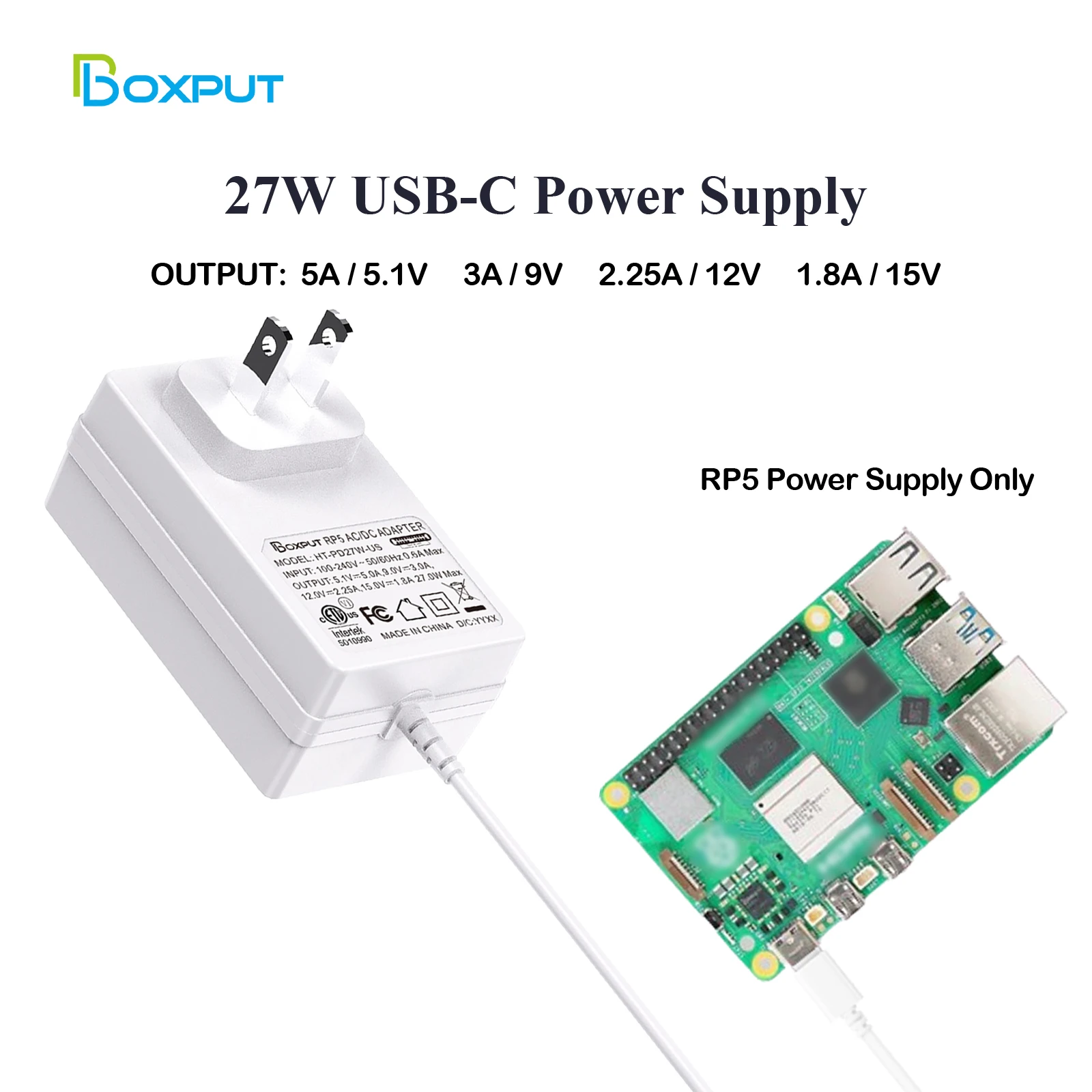For-Raspberry-Pi-5-White-Power-Adapter-27W-USB-C-Power-Supply-5-1V-5A ...