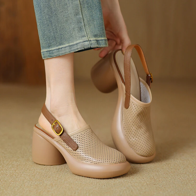 Women Mules Sandals Platform Heels Slingback Shoes Hollow Holes Baotou Fashion Comfortable Non-slip Sandals Female Size 35-40