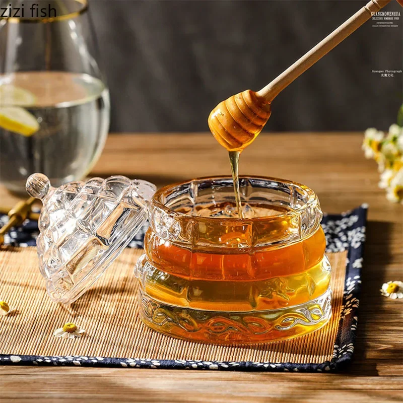 Transparent Glass Storage Jar with Lid Honey Syrup Storage Jar Jam Storage Jar Household Storages Container with Stirring Rod 2
