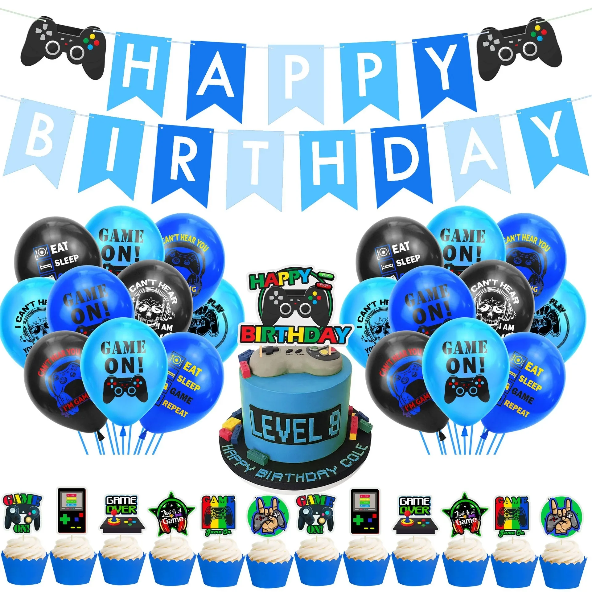 

Blue GAME ON Game Theme Birthday Party Background Decoration Set Happy Game Birthday Party Letter Banner Balloon Cake Toppers