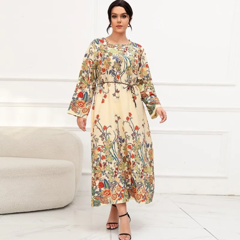 

Long Sleeve Printed Big Size Dress Autumn New African Dresses For Women Dubai Muslim Abaya Fashion Plant Flowers Ankara Robes