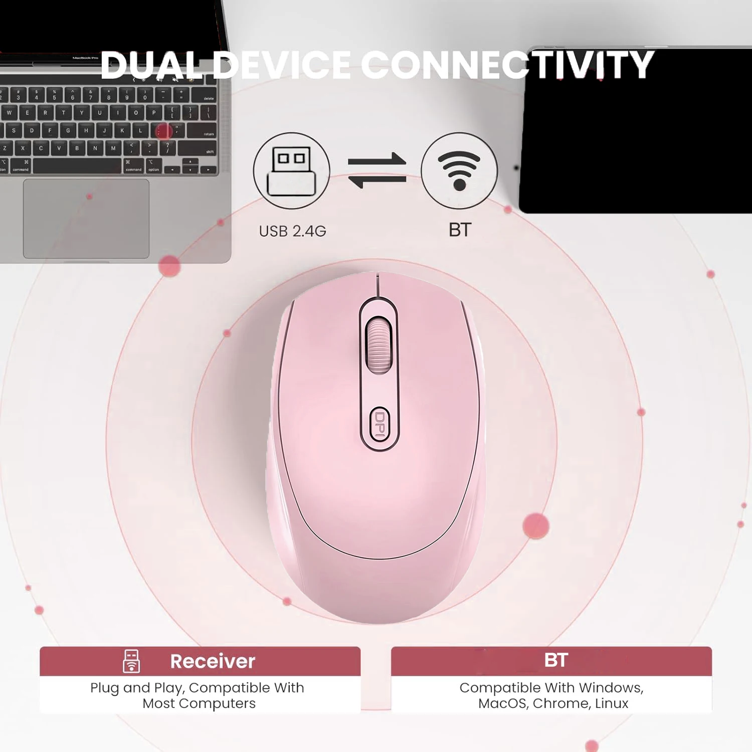 Sleek Dual-Mode Wireless & Bluetooth Silent Ergonomic Mouse with Adjustable DPI