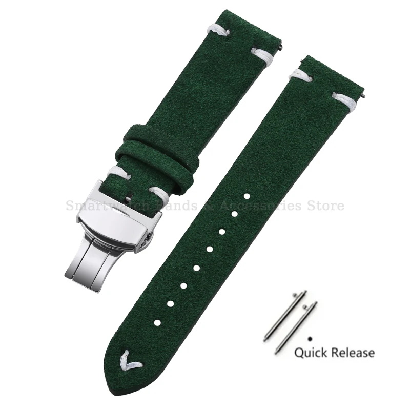 Vintage Handmade Suede Stitch Leather Watch Strap with Quick Release and Folding Clasp