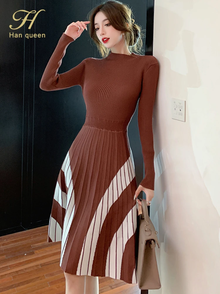 

H Han Queen Autumn Colorblock Stripes Knitted Dresses Women's A-Line Sweater Dress Fashion Bottom Layer Pleated Office Vestidos