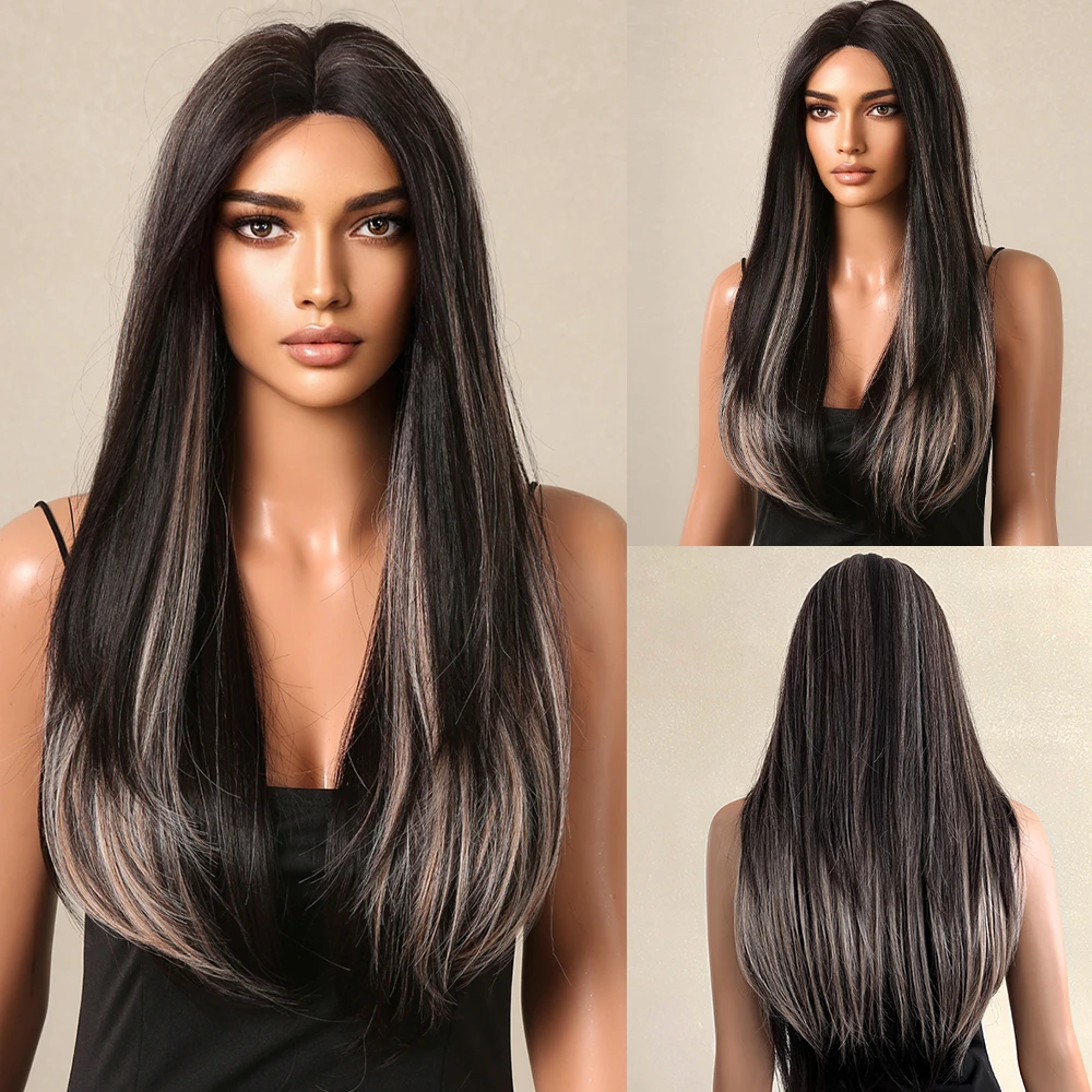 

Long Straight Synthetic Lace Wigs Black Brown Mixed Blonde Hairline Lace Wigs for Women Daily Cosplay Heat Resistant Fake Hairs