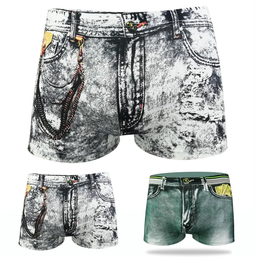 

Fashion Mens Sexy 3D Jeans Printed Boxer Briefs Breathable Underwear Casual High Elastic Soft Thin Comfortable Sissy Short Pants