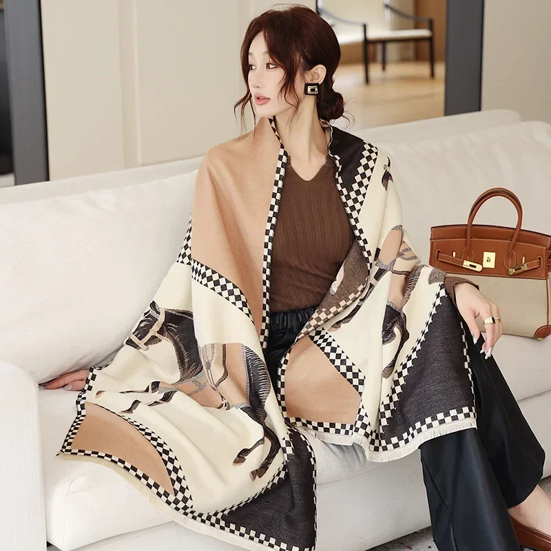 2024 Luxury Brand Wool Women Scarf Cashmere Stole Animal Horse Print Scarves Female Winter Warm Pashmina Blanket Wraps Hijab