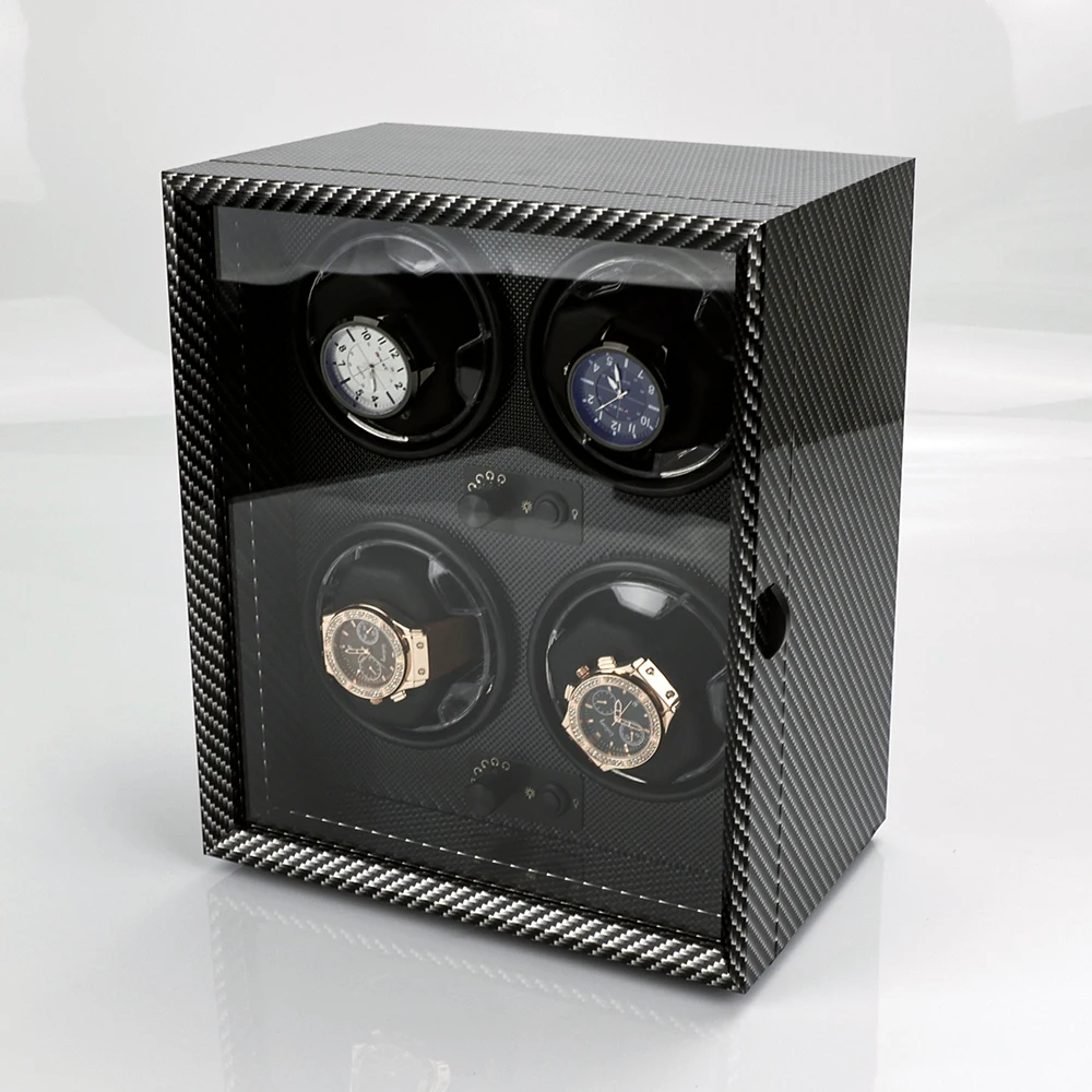 Automatic 4-Slot Watch Winder Box with Blue LED Light, Black Walnut, Red and Carbon Fib... - SKU LAWW1128 - UGI Packaging