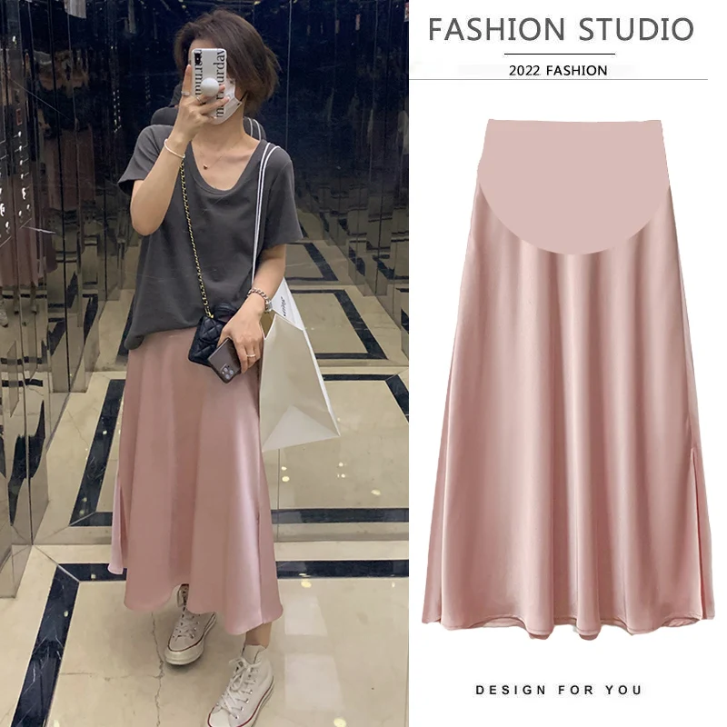 Acetate Satin Skirt for Maternity Drooping Smooth A-line Wrapped Hip Skirt for Pregnant Women 24SS Summer Y2k Youth Pregnancy