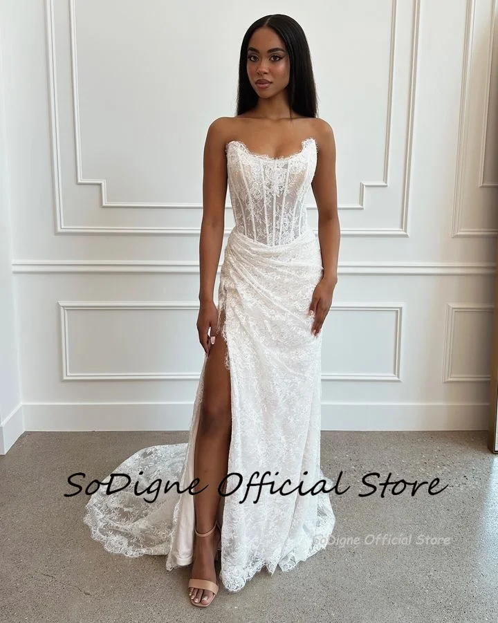 SoDigne Mermaid Lace Wedding Dresses Strapless Sleeveless Bridal Dress Customized Women Split Long Wedding Gown 2
