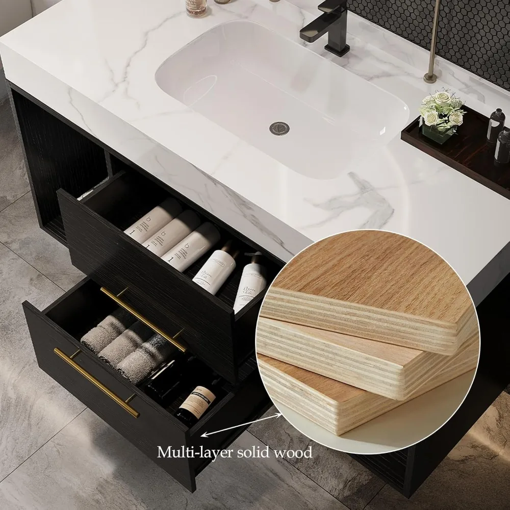 40 Inch Modern Wall Mounted Bathroom Vanity with Ceramic Sink. Quick Assembly Solid Wood Floating Bathroom Vanity Cabinet 4