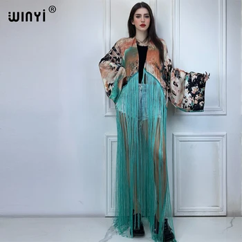 WINYI kimono boho fashion summer beachwear summer Classic print Bikini Cover-up Cardigan sexy Holiday long Sleeve tassels top 1