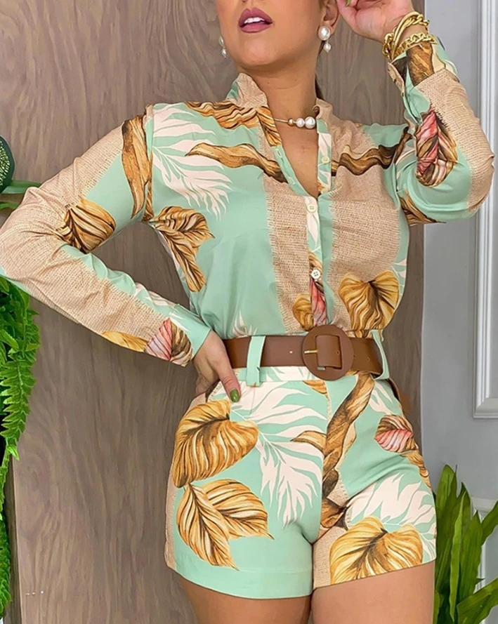 Set Woman 2 Pieces Elegant 2024 Spring Tropical Print Stand Collar Long Sleeve Top & Above Knee Shorts Set Daily Vacation Set