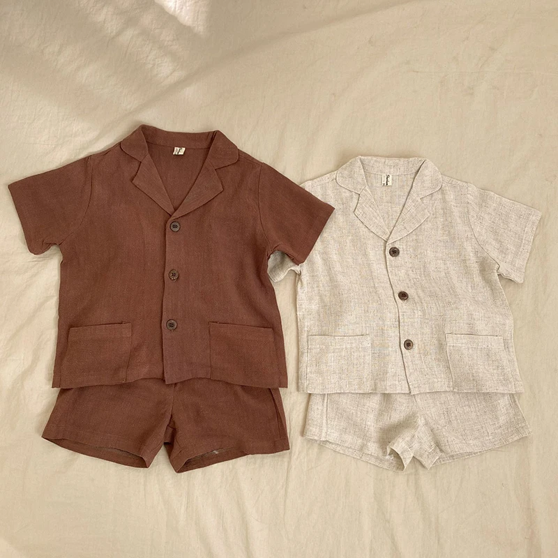 Koreanischen Stil 1-6Yrs Baby Jungen Mädchen Kleidung Set Baumwolle Leinen Kurzarm Strickjacke + Shorts Kinder Kleidung Anzug Für Sommer