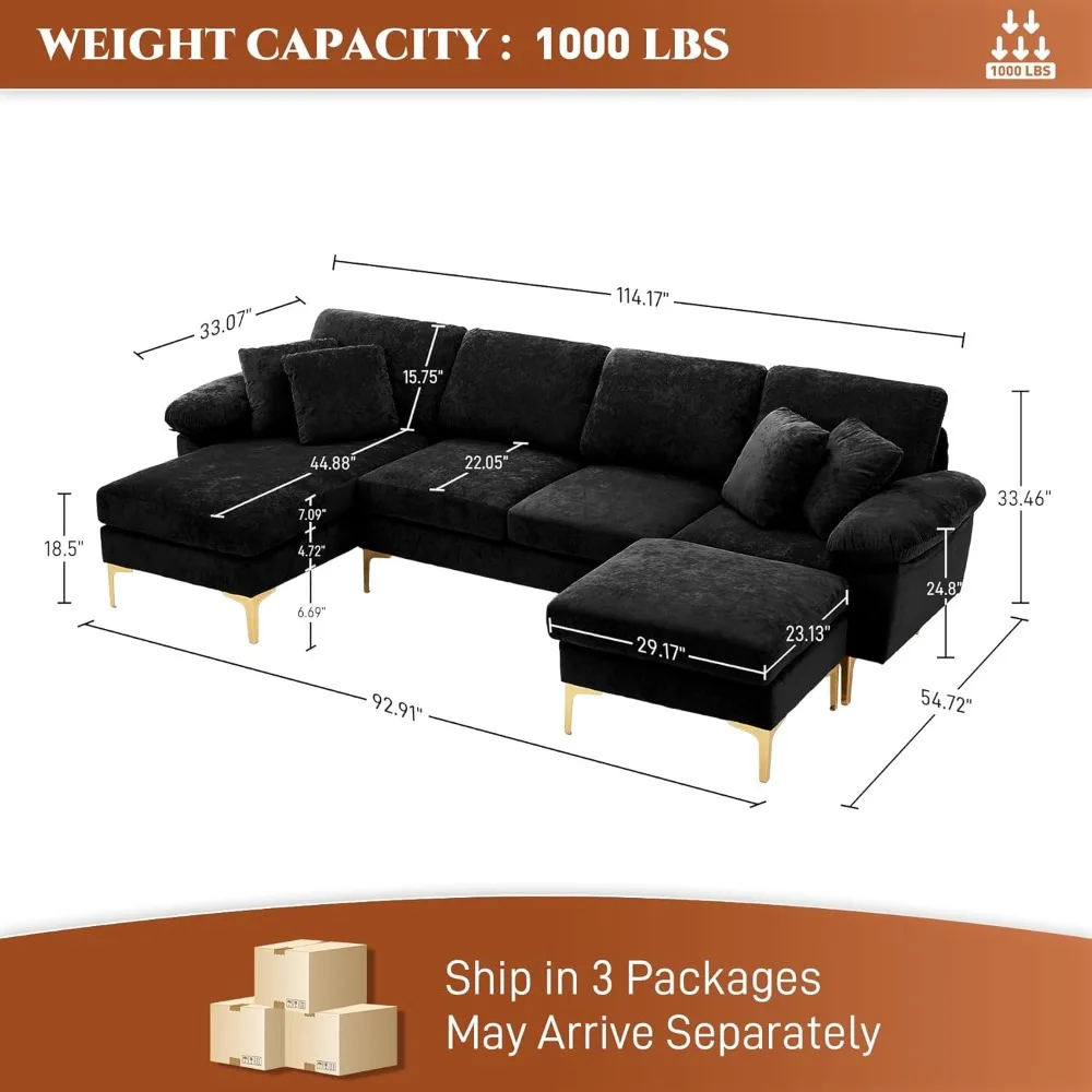 u-shaped sectional sofa couch, 4 seat sofa set for living room, convertible l-shaped velvet couch set with chaise lounge, ottom