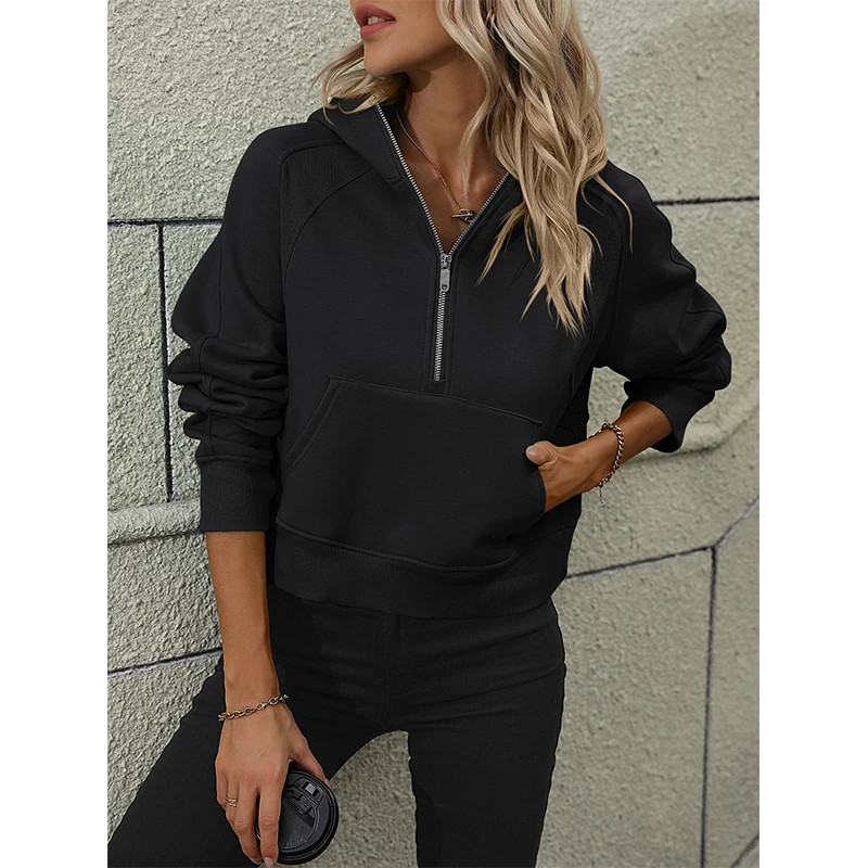 Autumn Winter Solid Color Loose Casual Hoodies Lady Zipper Pocket Pullover Top Women Fashion All-match Hooded Sweatshirt Outwear