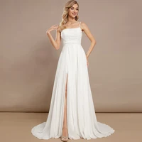 Simple Spaghetti Straps Wedding Dresses Boat Neck Sleeveless Bridal Grown Draped Front Slit Open Back A Line Vestido De Noiva 1