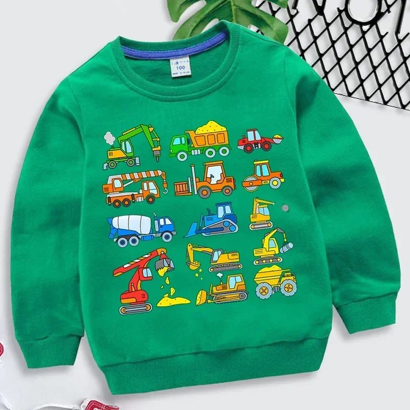 Kids Sweatshirts Excavator Print Hoodies Boys Girls Cartoon Waterwheel & Bulldozer Sweatshirts Children Clothing