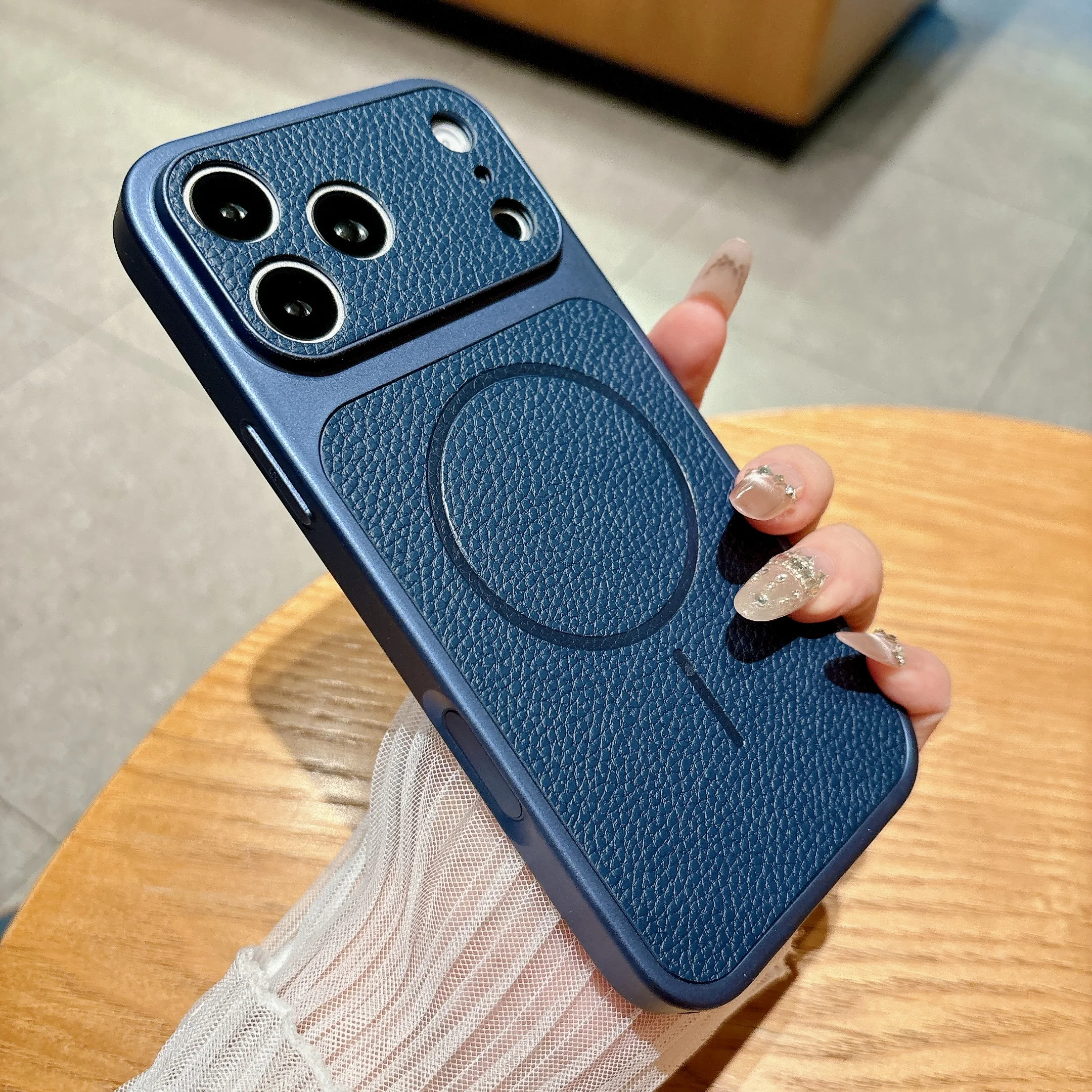 Leather Texture Magnetic Phone Case with Raised Lens Protection and Shockproof Design