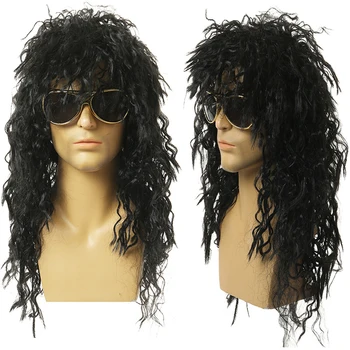 1PC Parrucca Lunga e Riccia da Uomo Nera, Parrucca Sintetica Maschile per Cosplay, Voluminosa in Fibra Sintetica, Ideale per Feste Rock, Discoteche e Bar.