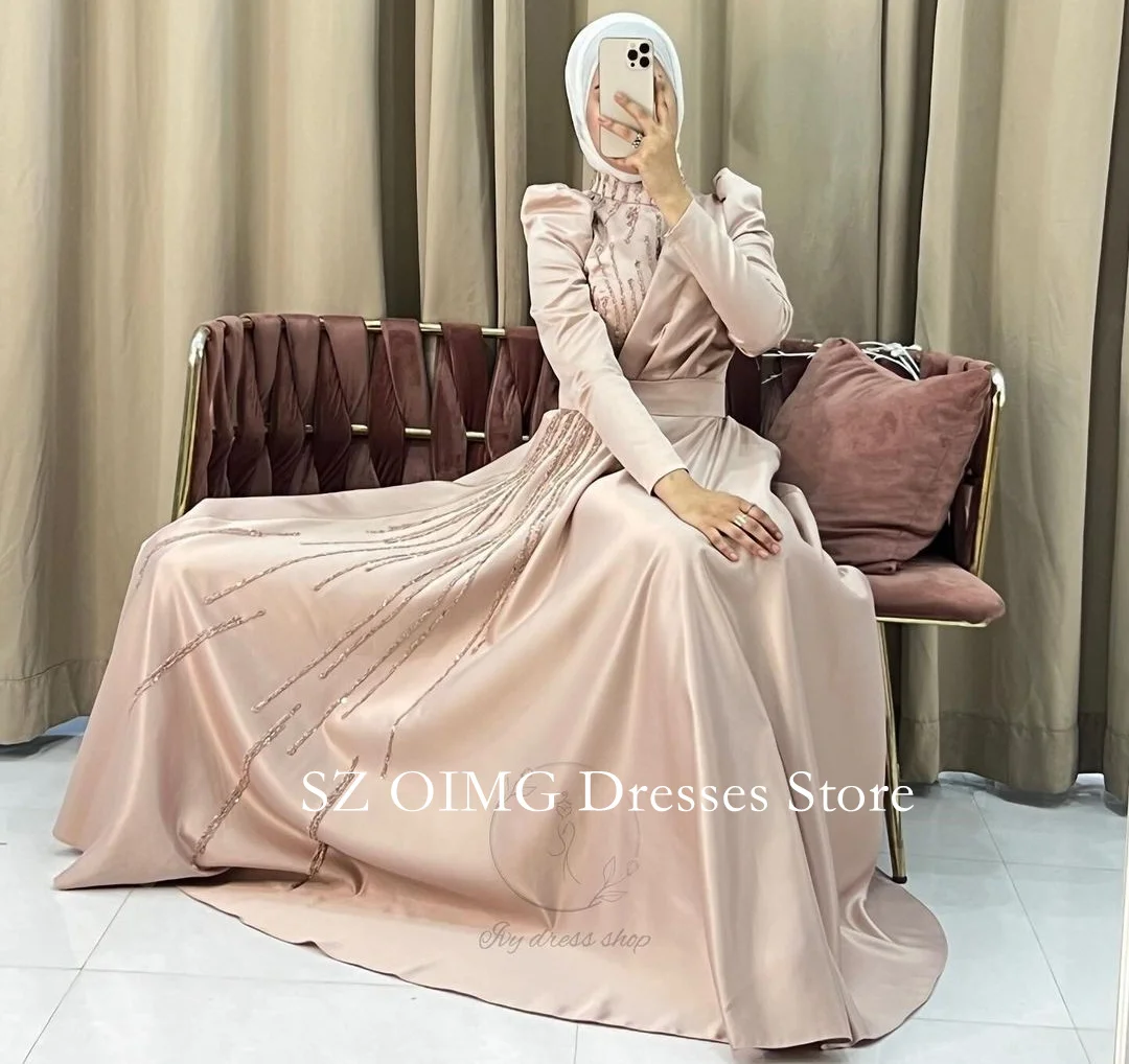 

OIMG Elegant Long Sleeves High Neck Sequined Prom Dresses Vintage Satin Modest Arabic Mulism Evening Gowns Formal Party Dress