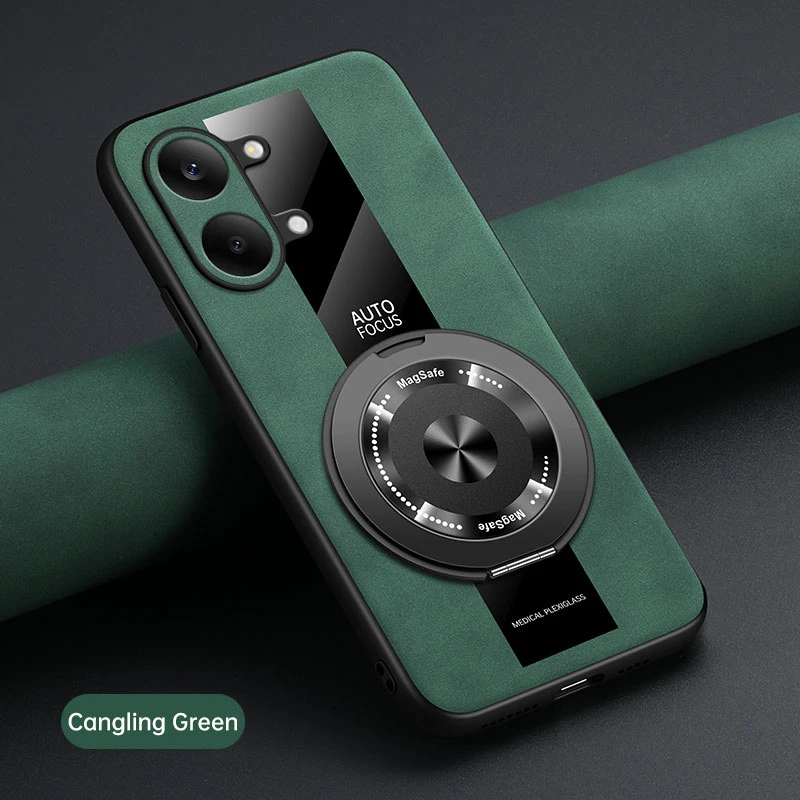 Luxury Leather Magnetic Holder Phone Case with Ring and Silicone Bumper