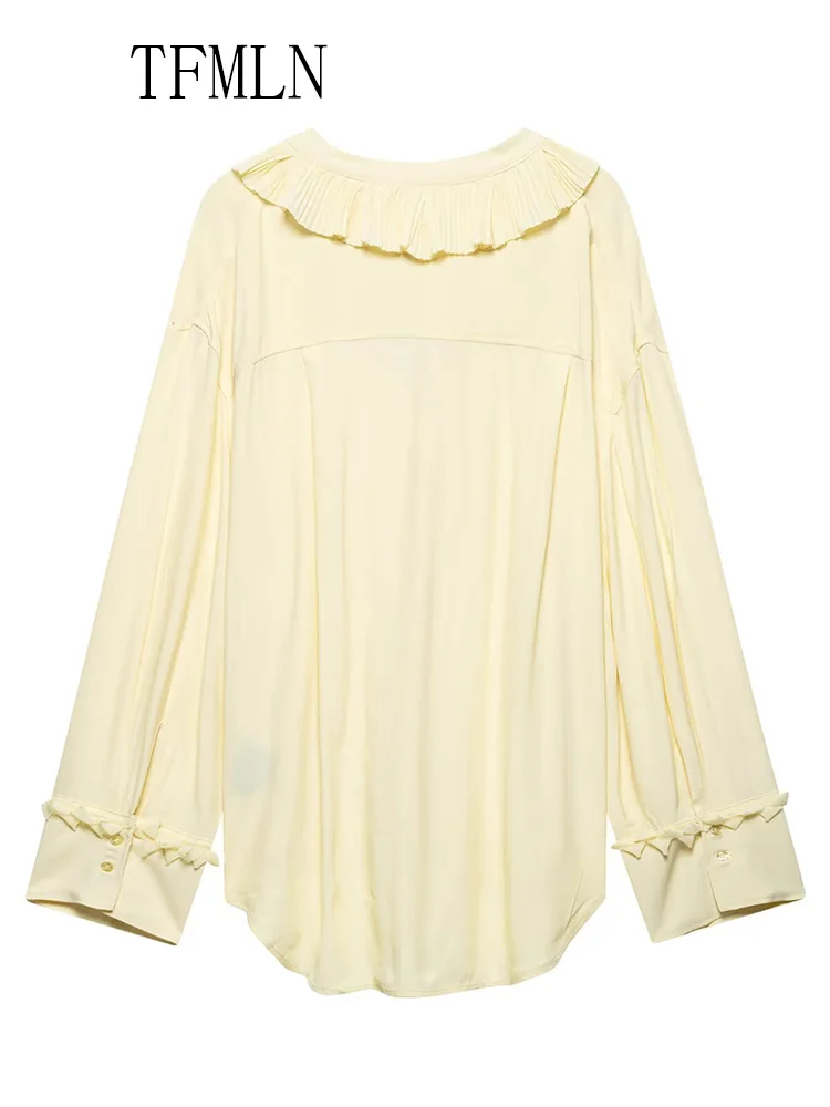 TFMLN 2025 Summer Tierred Ruffles Blouse For Women Fashion Lace Up V-neck Loose Causal Tops High Street Oversize Long Sleeve Top