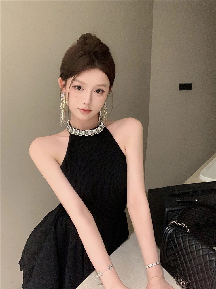 Elegant Halter Black Dresses for Women Summer New Backless Ruffles A-line Korean Birthday Party Dress Prom Short Vestidos Mujer