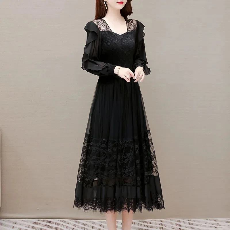 High Quality Fashion Dress Pink 2023 Spring and Autumn Women's Long Sleeve New Popular Black French Mesh Lace Long Dress Elastic